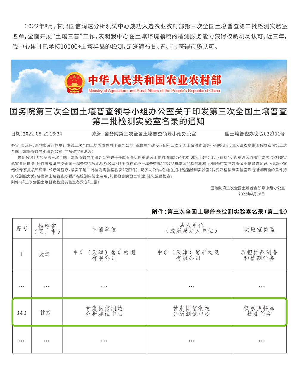 甘肃国信润达分析测试中心入选第三次全国土壤普查检测实验室名单